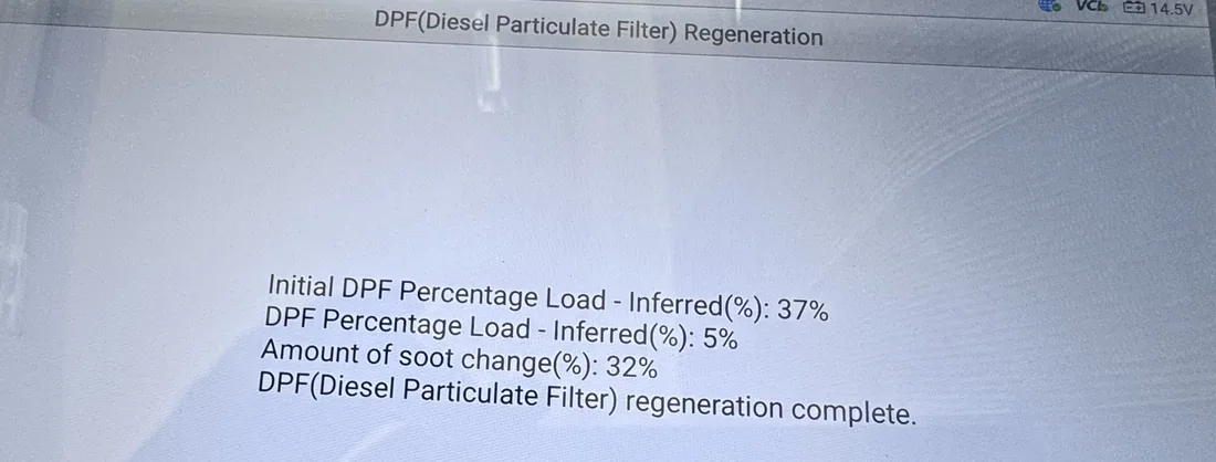 Scan tool: DPF load 37% before, 5% after regeneration