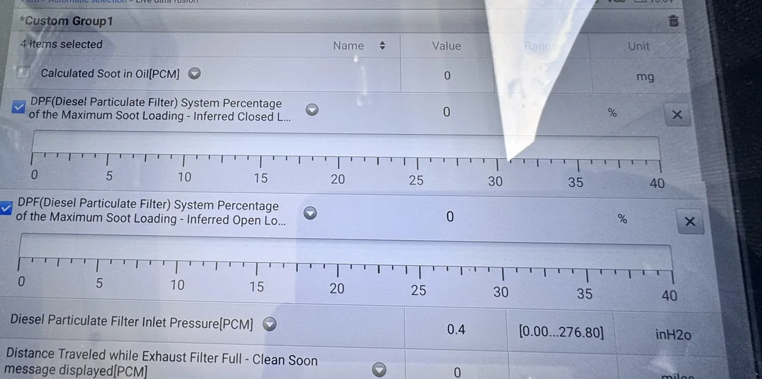 Scan tool live data after the clean: soot loading 0%